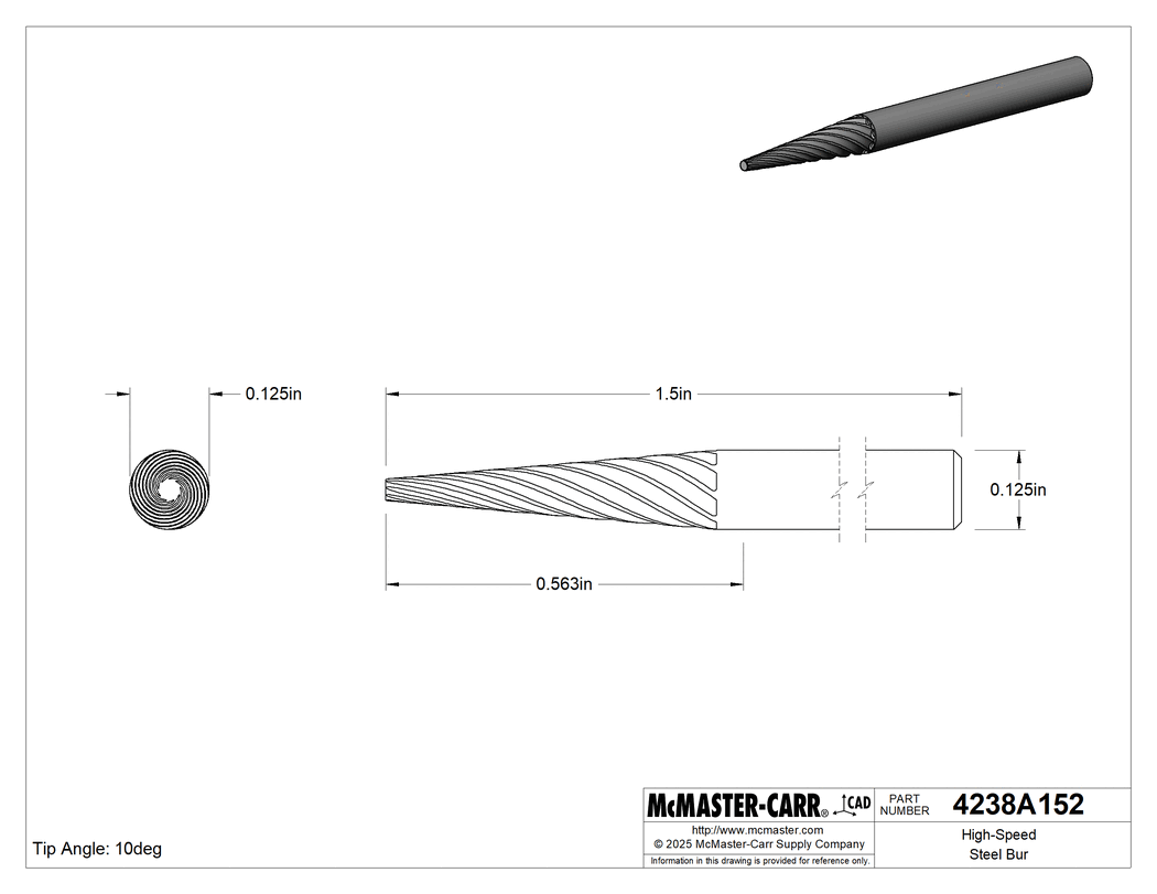 Technical Drawing of High-Speed Steel Bur, with 1/8" Diameter Shank, Pointed Tapered Cone, 9/16" Head Length .